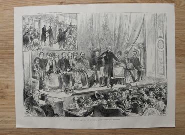 Holzstich Edinburgh 1885 Die Wahlkampagne Mr Gladstone in der Albert Hall